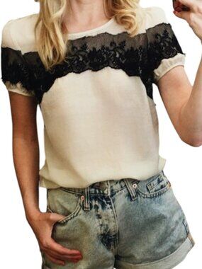 Loft Blouse Top Shirt Lace Embellished Puff Sleeve Natural Black XS